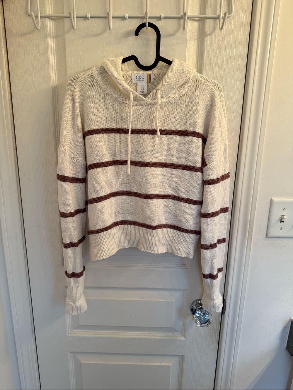 C&C California Cream Hoodie Sweater with Burgundy Stripes
